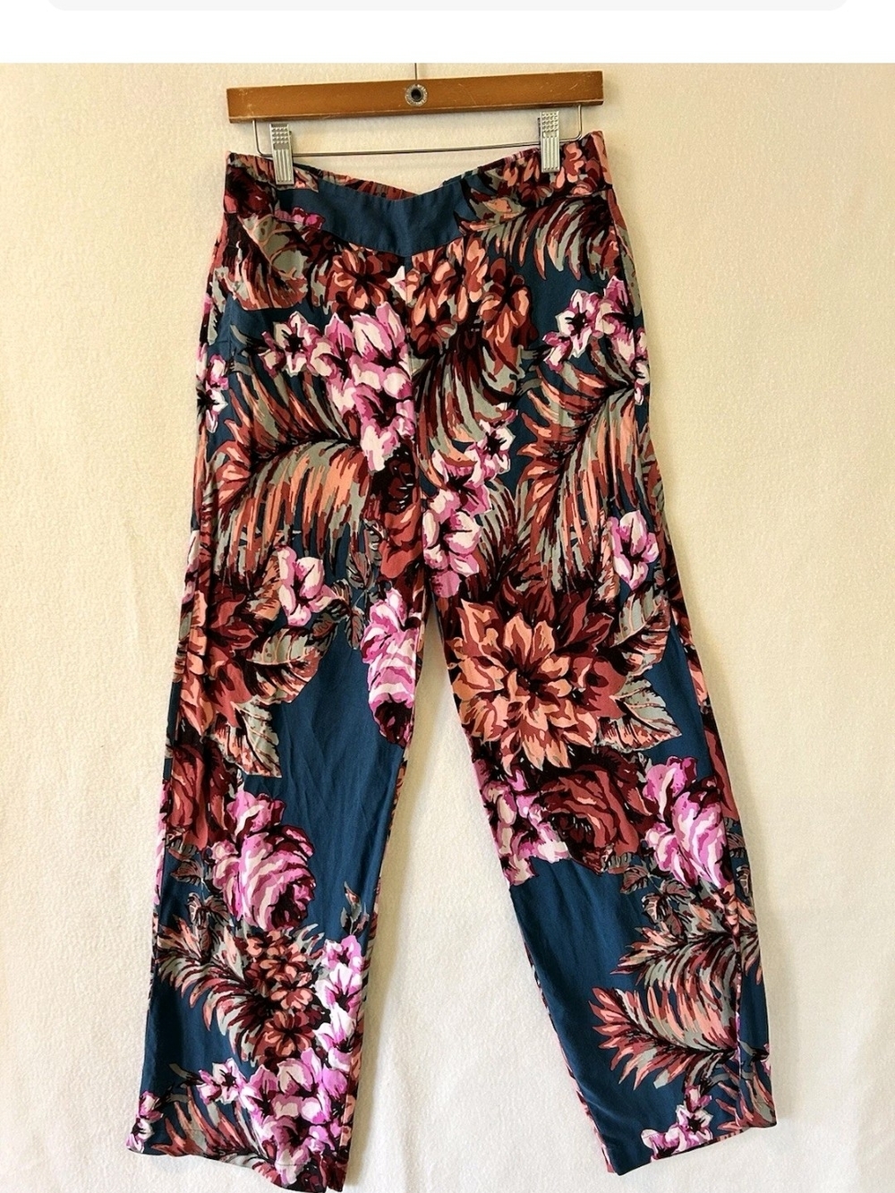 Soft Surroundings Teal Wide-Leg Floral Pants with Pink Accents